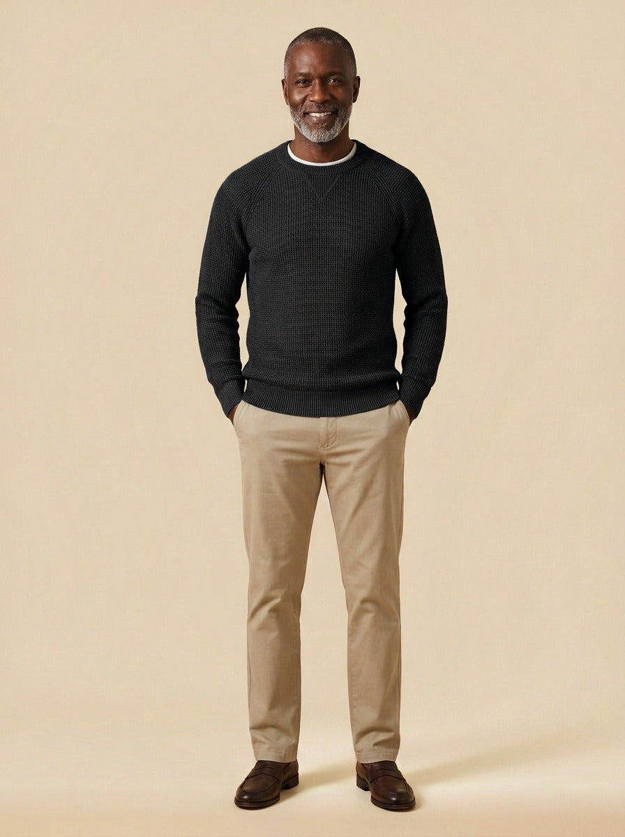 Webster waffle knit crew neck sweater in Black, studio, Gentlemens Manor