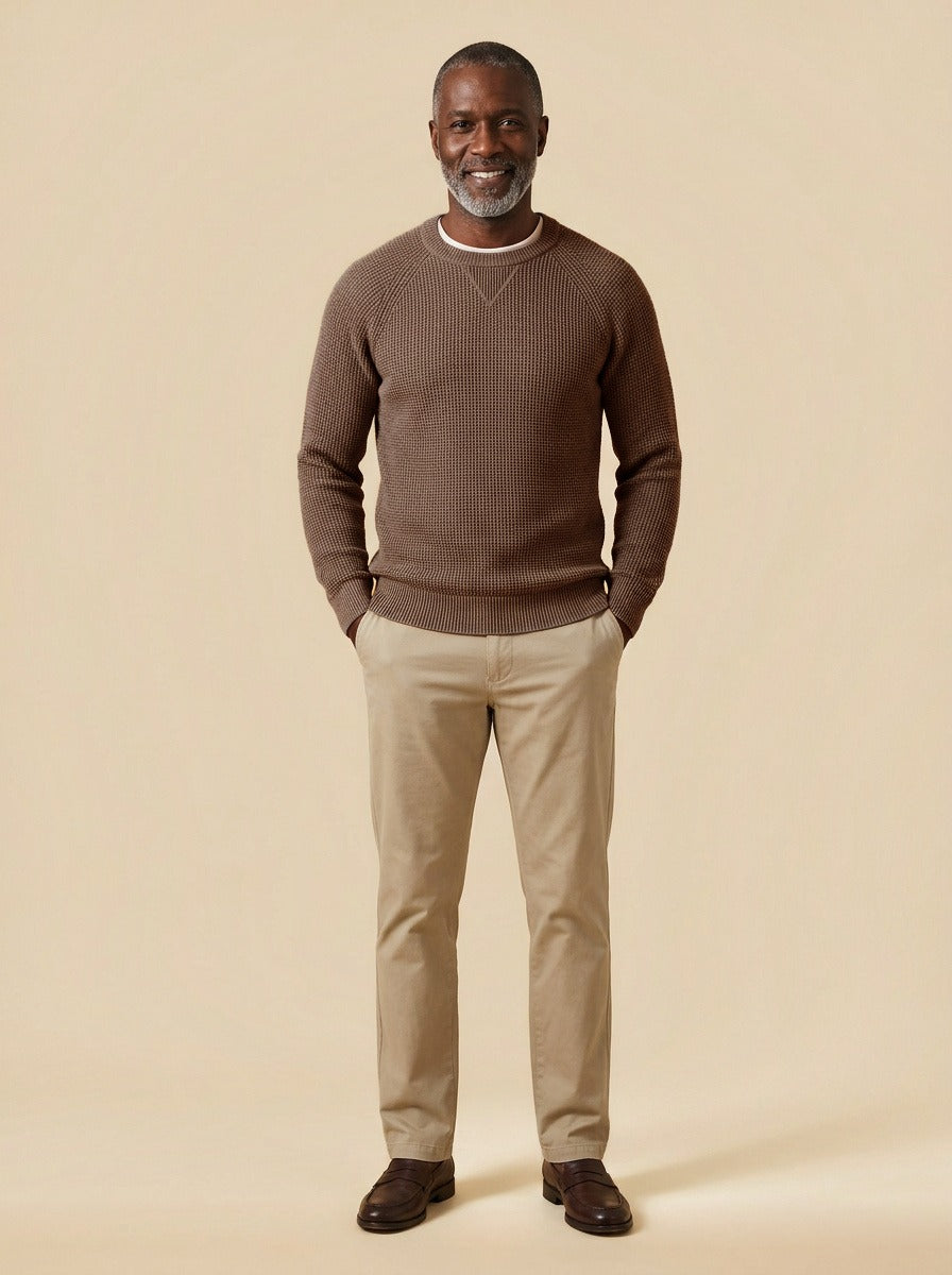 Webster waffle knit crew neck sweater in Dark Brown, studio, Gentlemens Manor