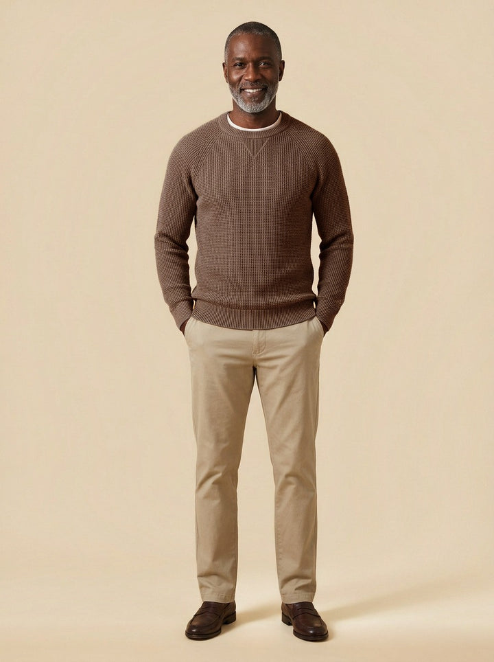 Webster waffle knit crew neck sweater in Dark Brown, studio, Gentlemens Manor