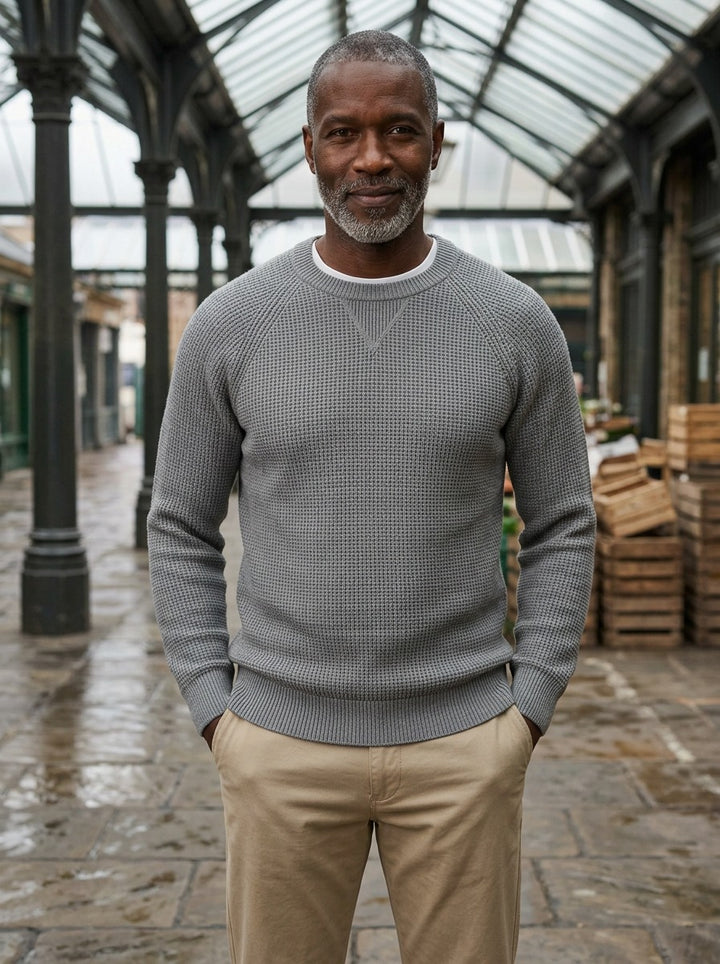 Webster waffle knit crew neck sweater in Grey, lifestyle, Gentlemens Manor