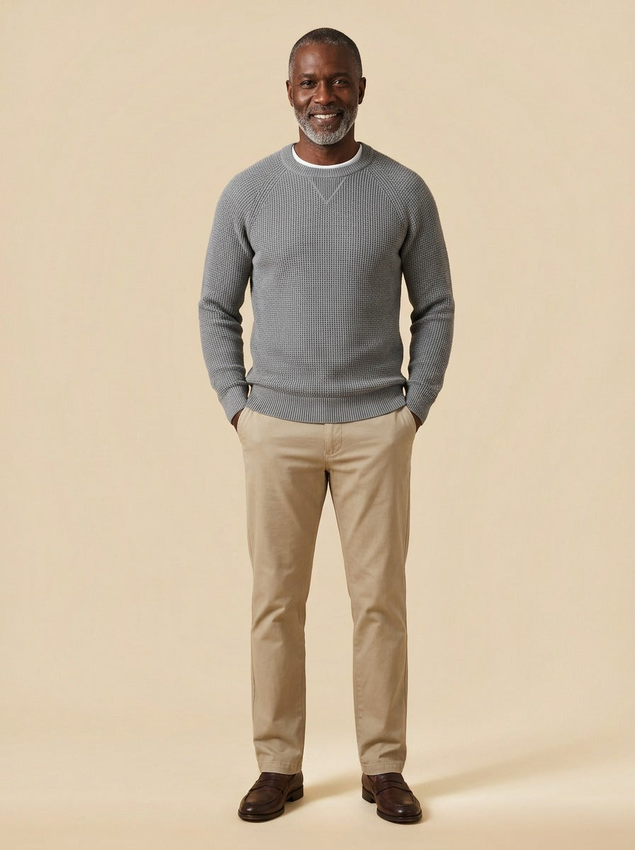 Webster waffle knit crew neck sweater in Grey, studio, Gentlemens Manor