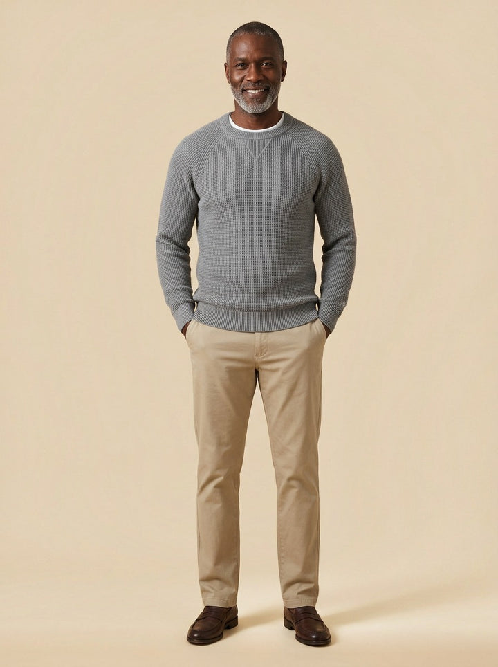 Webster waffle knit crew neck sweater in Grey, studio, Gentlemens Manor