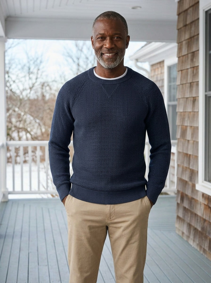 Webster waffle knit crew neck sweater in Navy, lifestyle, Gentlemens Manor