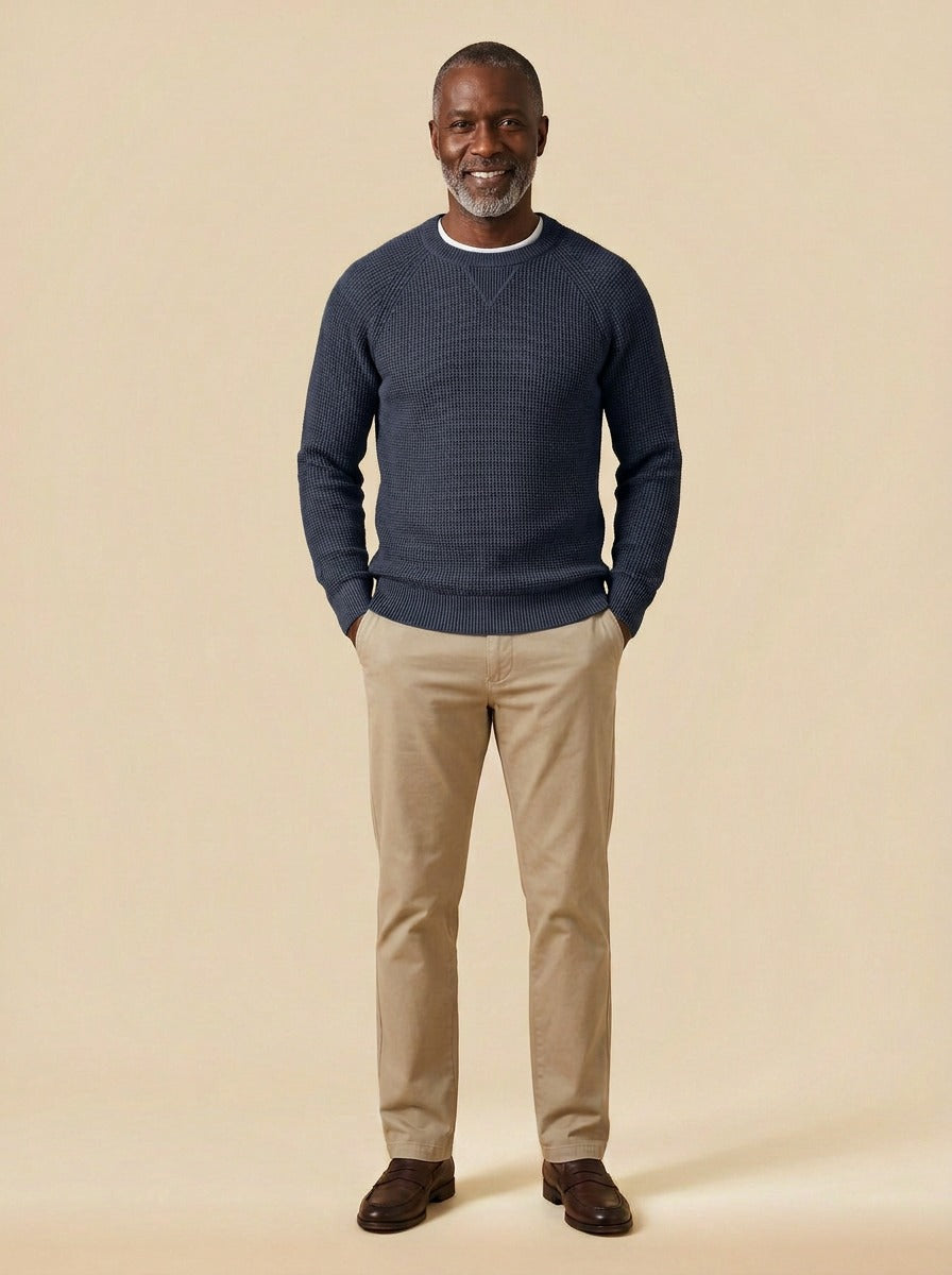 Webster waffle knit crew neck sweater in Navy, studio, Gentlemens Manor