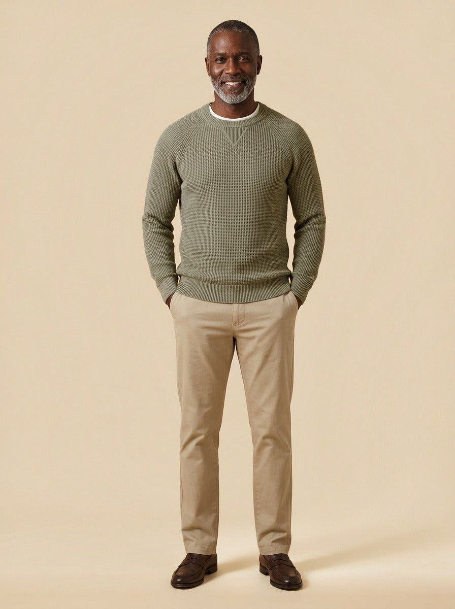 Webster waffle knit crew neck sweater in Olive, studio, Gentlemens Manor