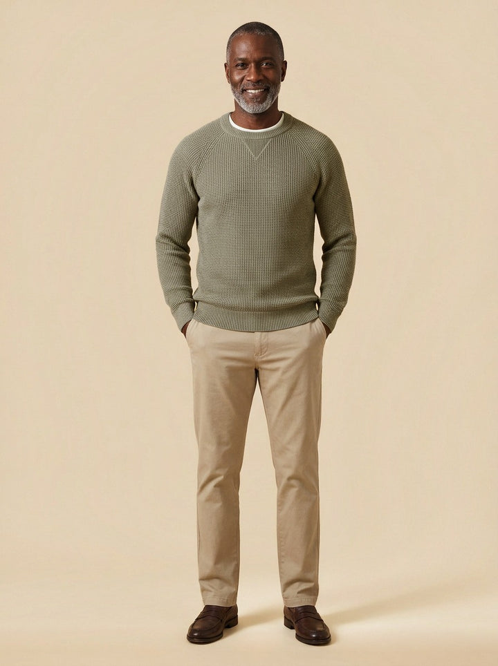 Webster waffle knit crew neck sweater in Olive, studio, Gentlemens Manor