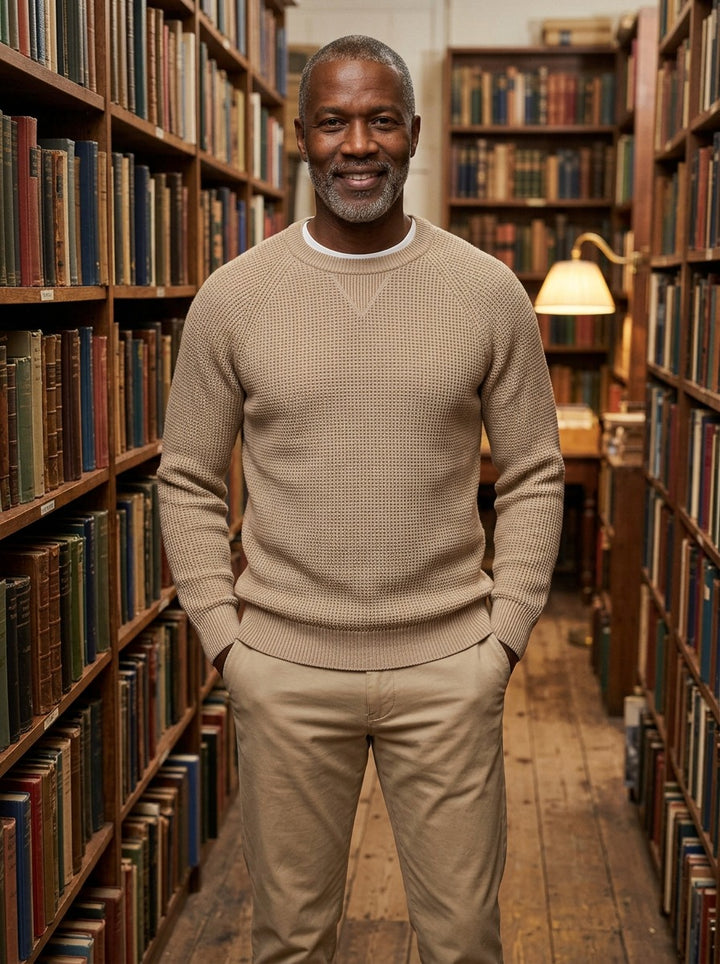 Webster waffle knit crew neck sweater in Sand, lifestyle, Gentlemens Manor