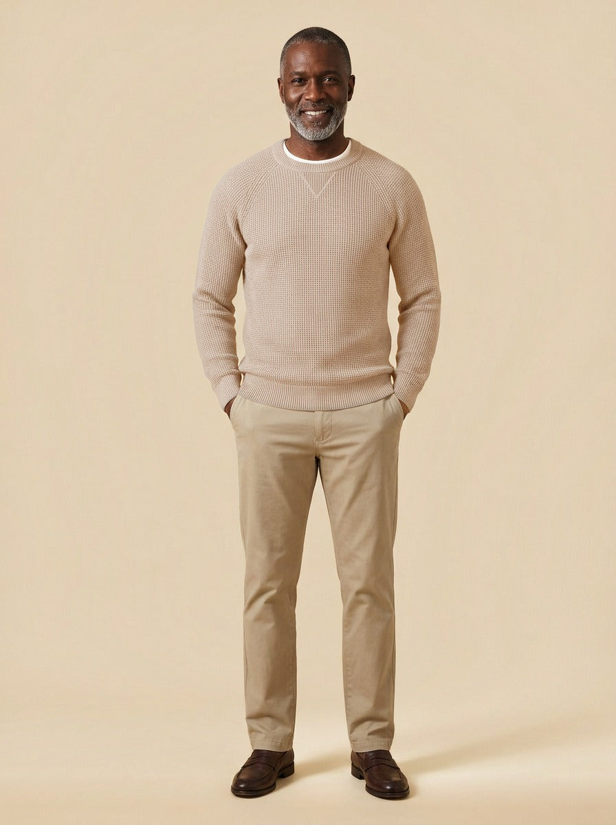 Webster waffle knit crew neck sweater in Sand, studio, Gentlemens Manor