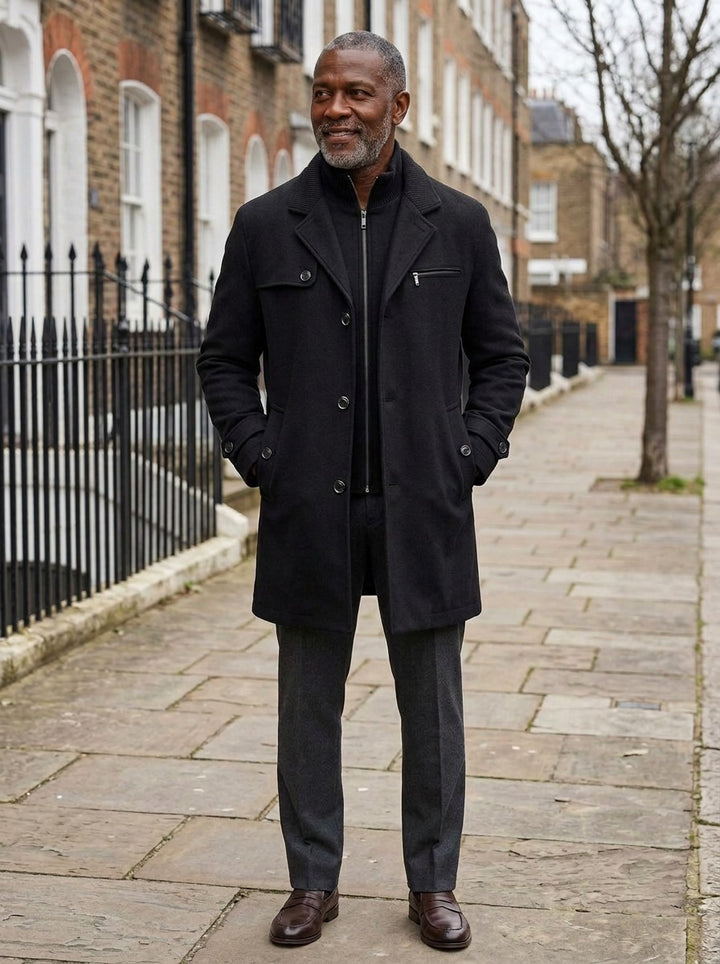 Wellesley ribbed collar wool blend coat in Black, lifestyle on a street of brick row houses, Gentlemens Manor