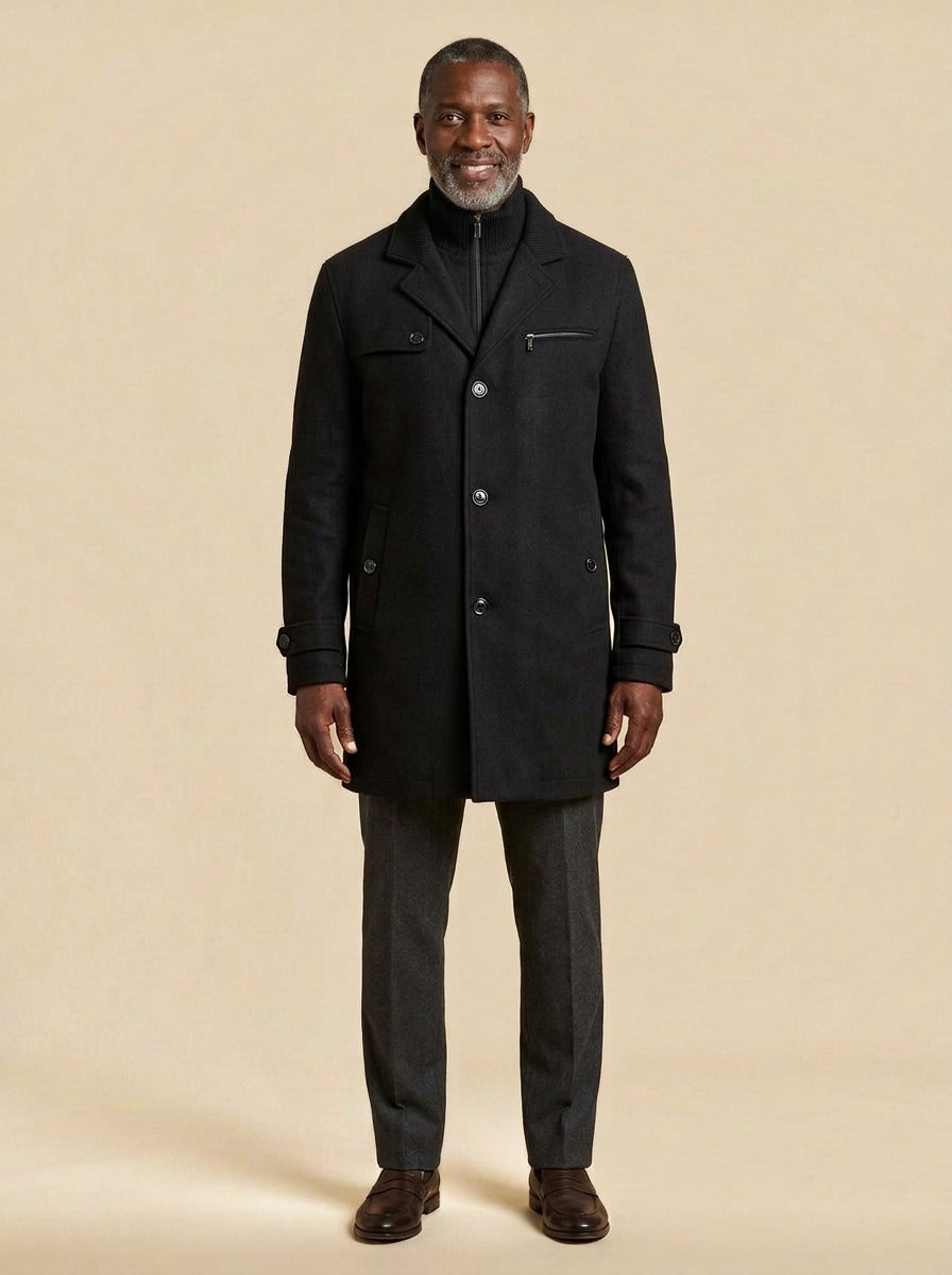 Wellesley ribbed collar wool blend coat in Black, studio, Gentlemens Manor