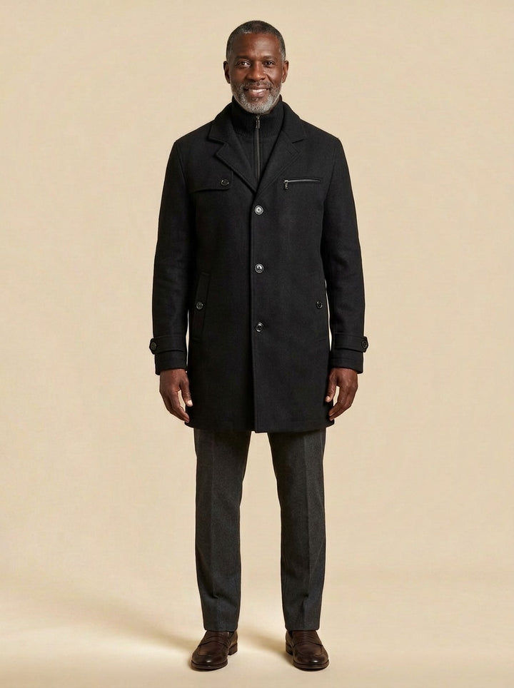 Wellesley ribbed collar wool blend coat in Black, studio, Gentlemens Manor