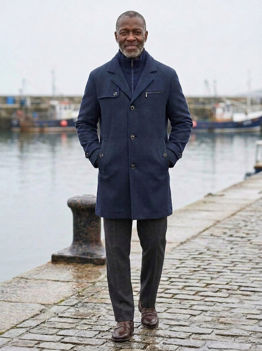 Wellesley ribbed collar wool blend coat in Navy, lifestyle on a stone harbor quay, Gentlemens Manor