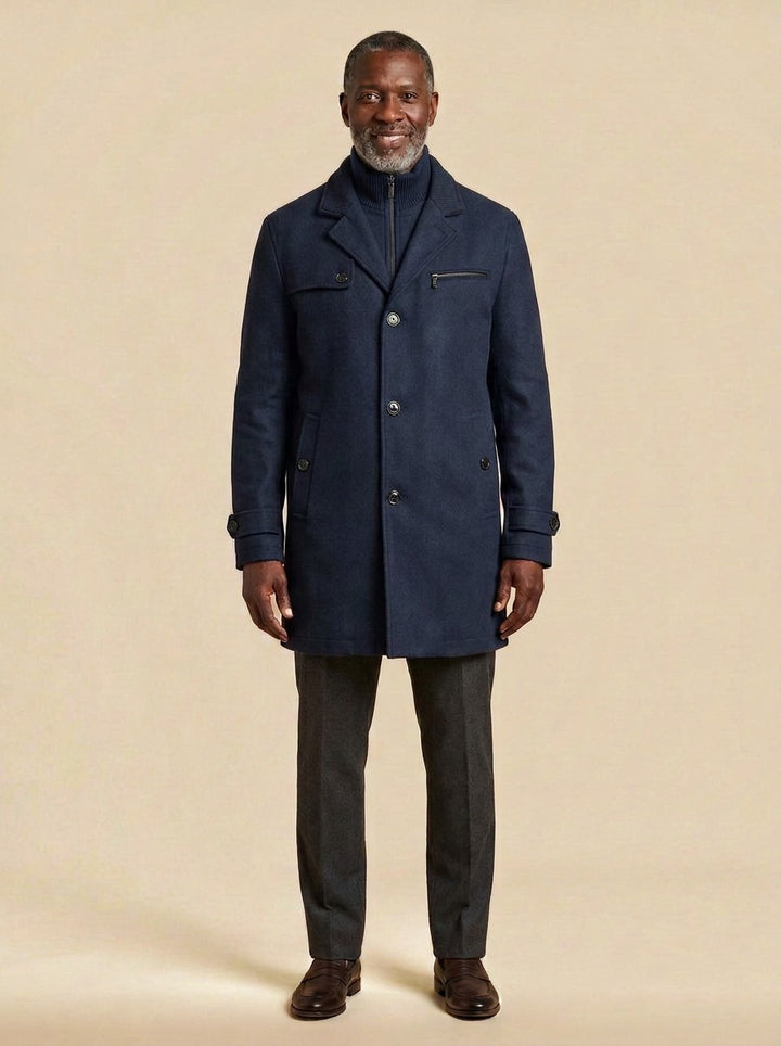 Wellesley ribbed collar wool blend coat in Navy, studio, Gentlemens Manor
