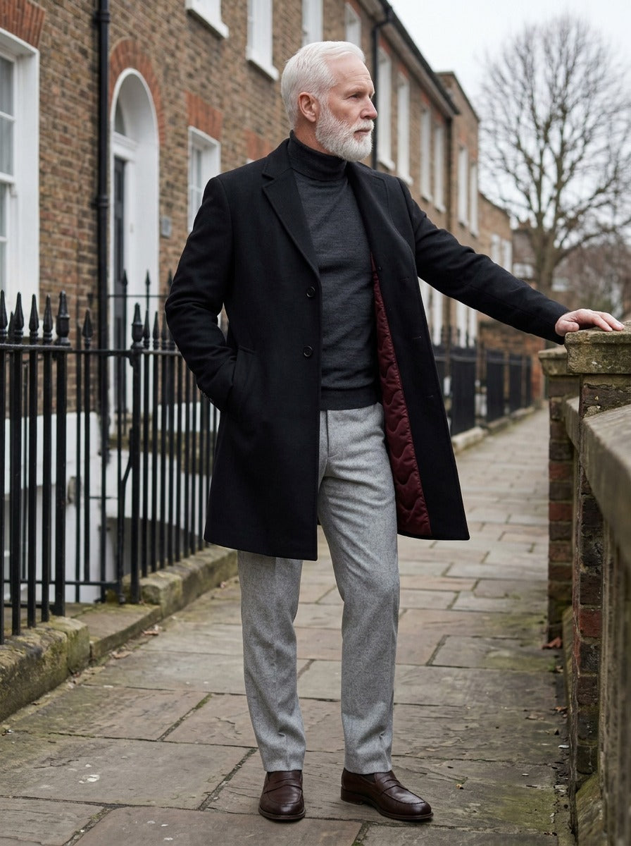 Wentworth topcoat in Black, lifestyle on a street of brick row houses, Gentlemens Manor