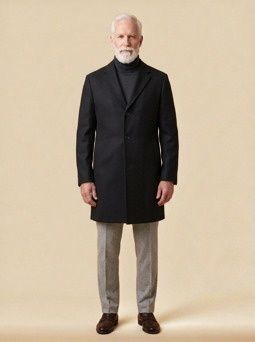 Wentworth topcoat in Black, studio, Gentlemens Manor