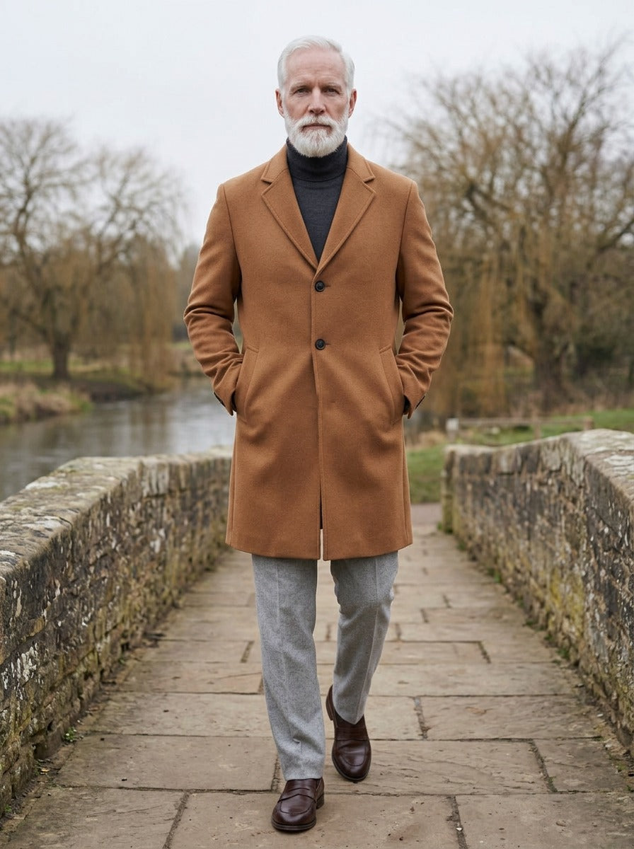 Wentworth topcoat in Camel, lifestyle on a stone footbridge, Gentlemens Manor