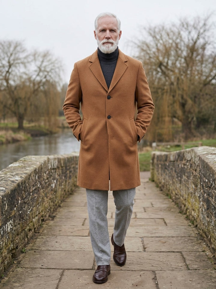 Wentworth topcoat in Camel, lifestyle on a stone footbridge, Gentlemens Manor