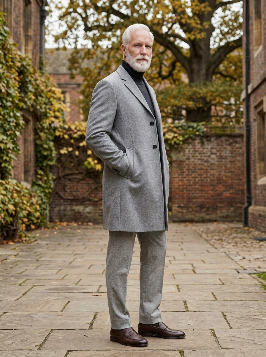 Wentworth topcoat in Grey, lifestyle in a brick college courtyard, Gentlemens Manor