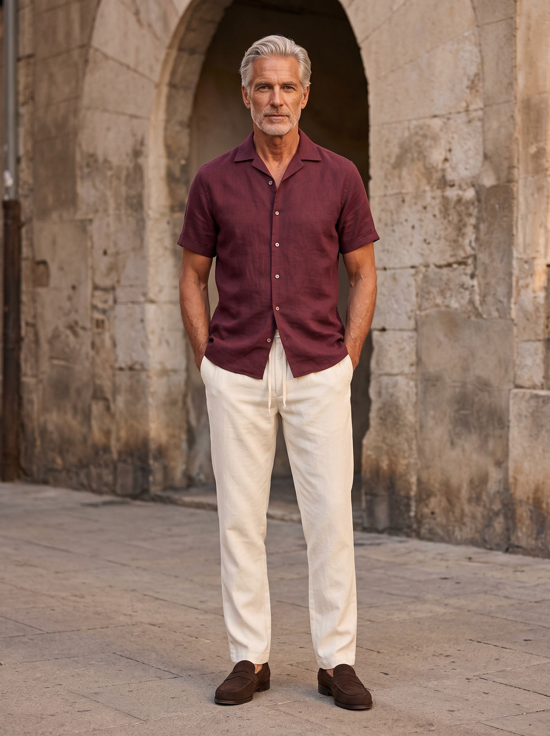 Wesley two piece set in Burgundy, lifestyle, Gentlemens Manor