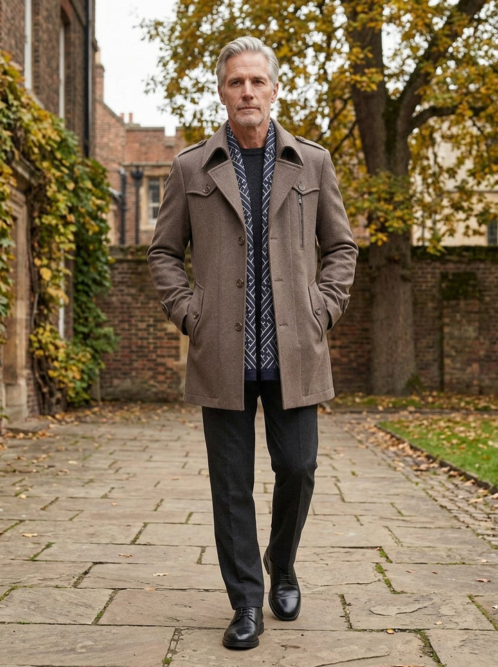 Westbrook coat in Brown, lifestyle in a brick college courtyard, Gentlemens Manor