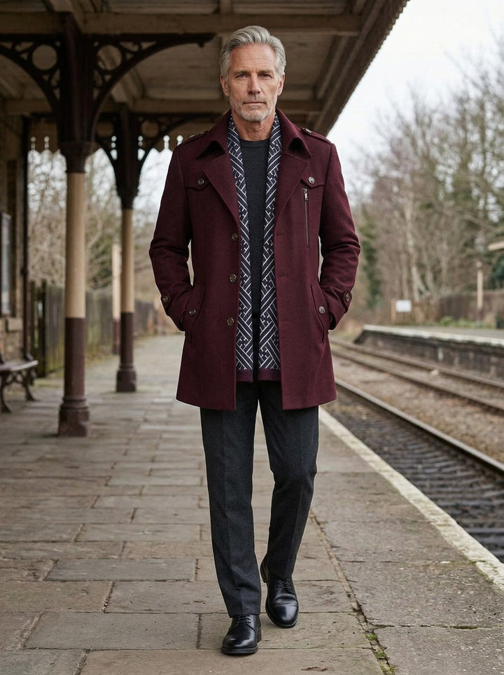 Westbrook coat in Burgundy, lifestyle on a railway platform, Gentlemens Manor