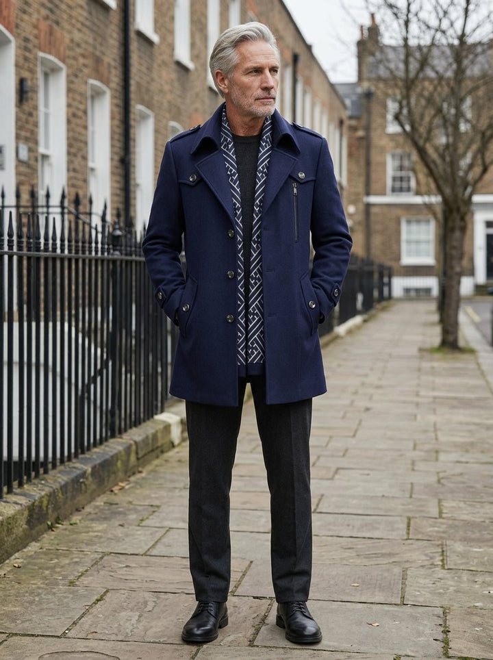 Westbrook coat in Navy, lifestyle on a street of brick row houses, Gentlemens Manor