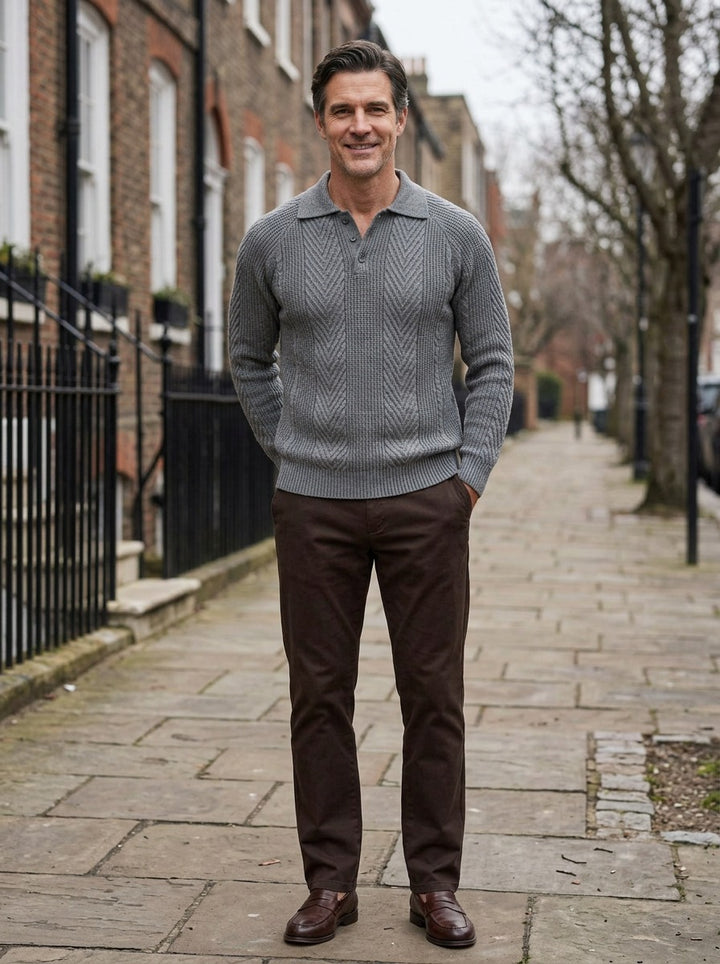 Wexford polo sweater in Grey, lifestyle on a street of brick row houses, Gentlemens Manor