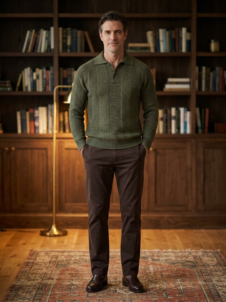 Wexford polo sweater in Olive, lifestyle in a private study, Gentlemens Manor