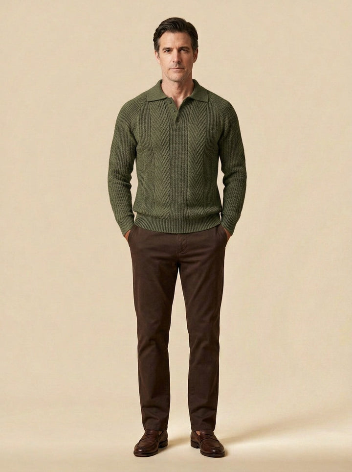 Wexford polo sweater in Olive, studio, Gentlemens Manor