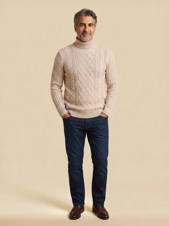 Wexley diamond cable turtleneck sweater in Beige, studio, Gentlemens Manor
