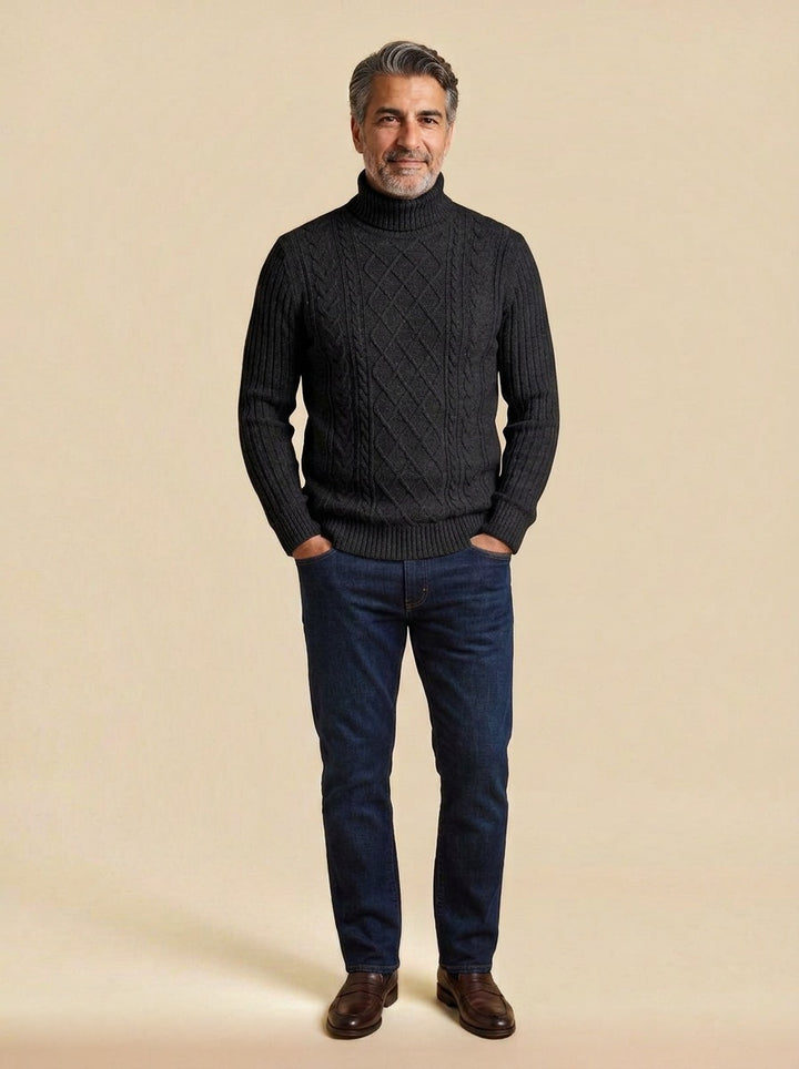 Wexley diamond cable turtleneck sweater in Black, studio, Gentlemens Manor