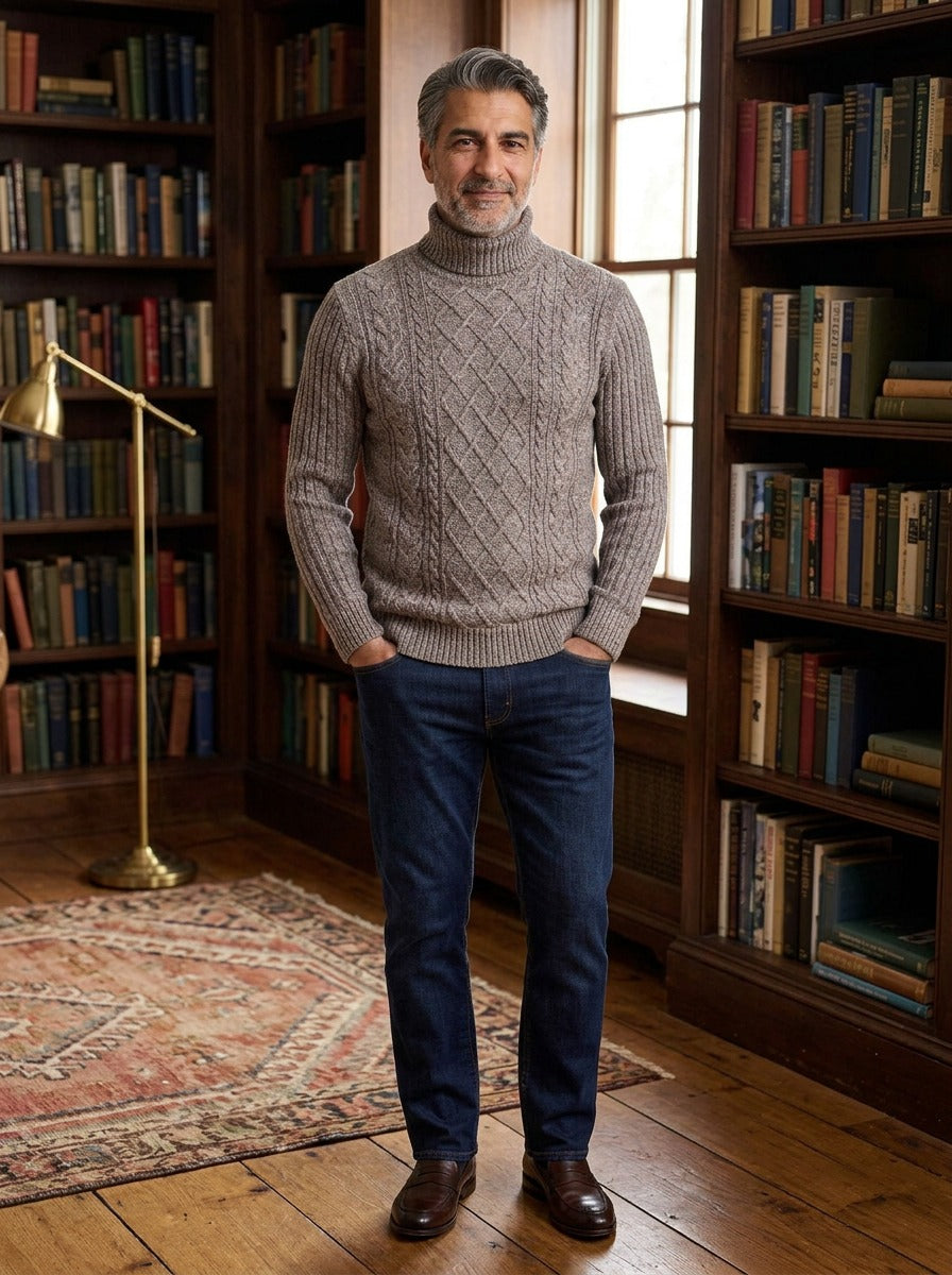 Wexley diamond cable turtleneck sweater in Brown, lifestyle in a private study, Gentlemens Manor