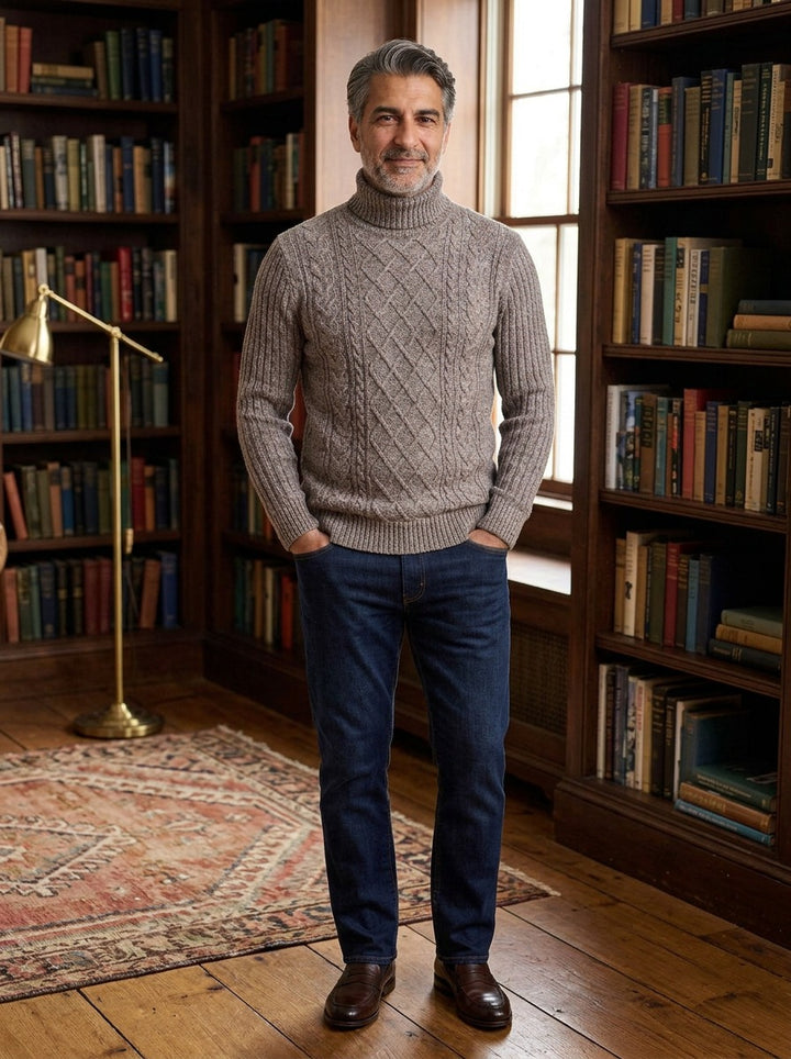 Wexley diamond cable turtleneck sweater in Brown, lifestyle in a private study, Gentlemens Manor
