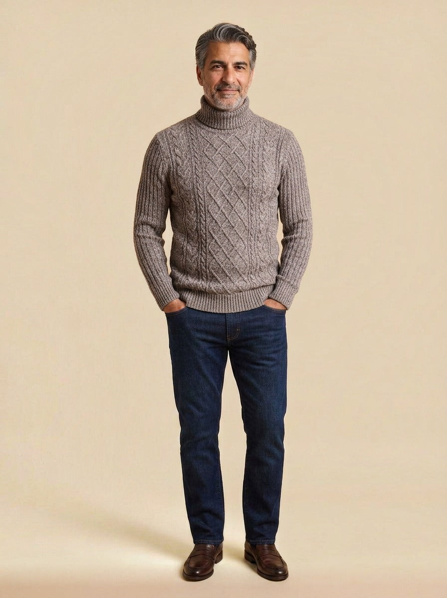 Wexley diamond cable turtleneck sweater in Brown, studio, Gentlemens Manor