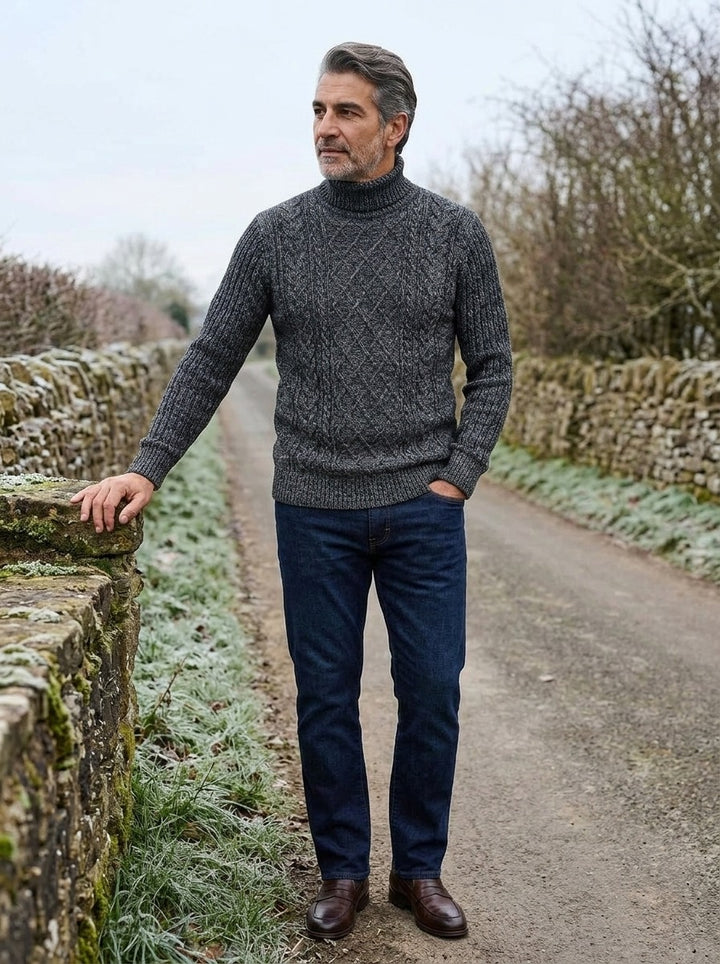 Wexley diamond cable turtleneck sweater in Charcoal, lifestyle on a country lane, Gentlemens Manor