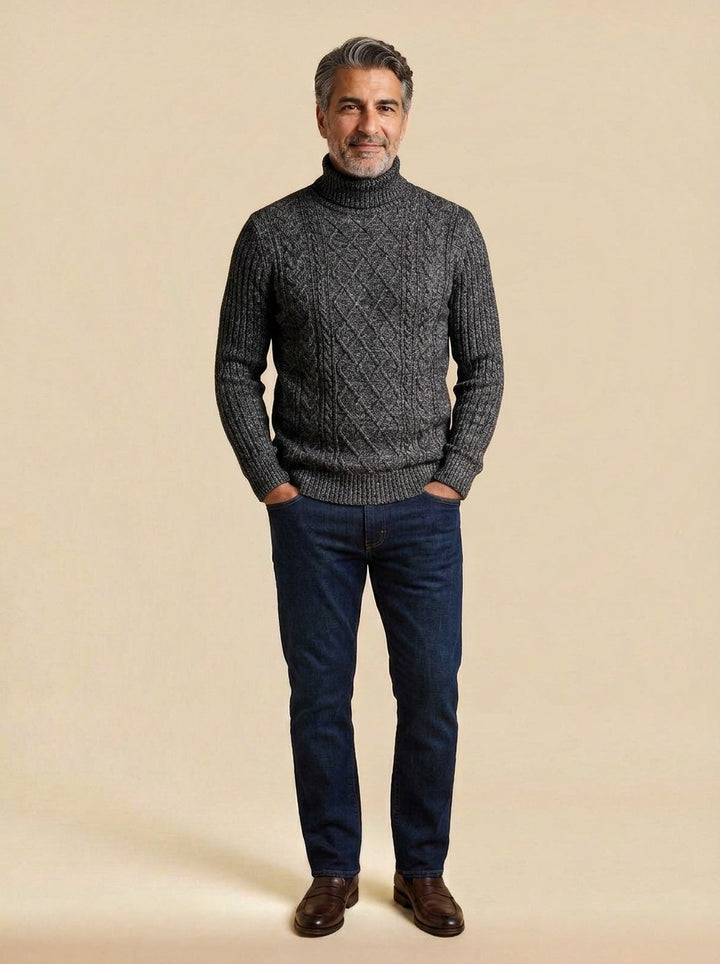 Wexley diamond cable turtleneck sweater in Charcoal, studio, Gentlemens Manor