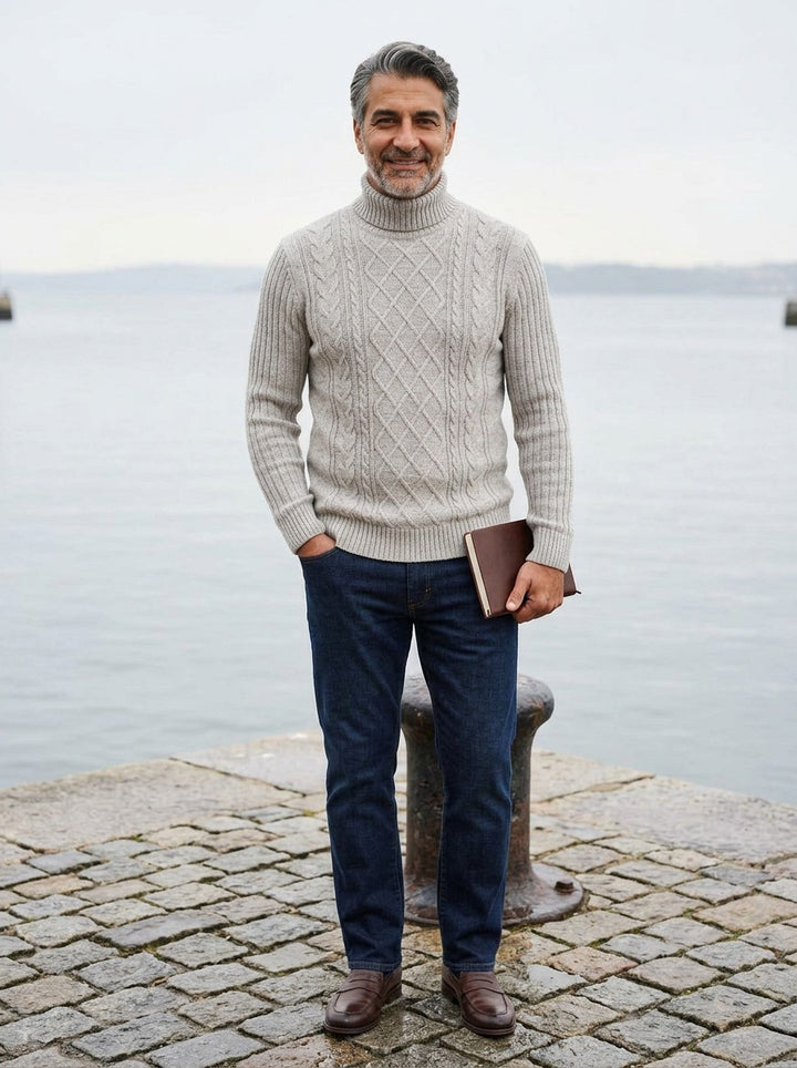 Wexley diamond cable turtleneck sweater in Light Grey, lifestyle on a stone harbor quay, Gentlemens Manor