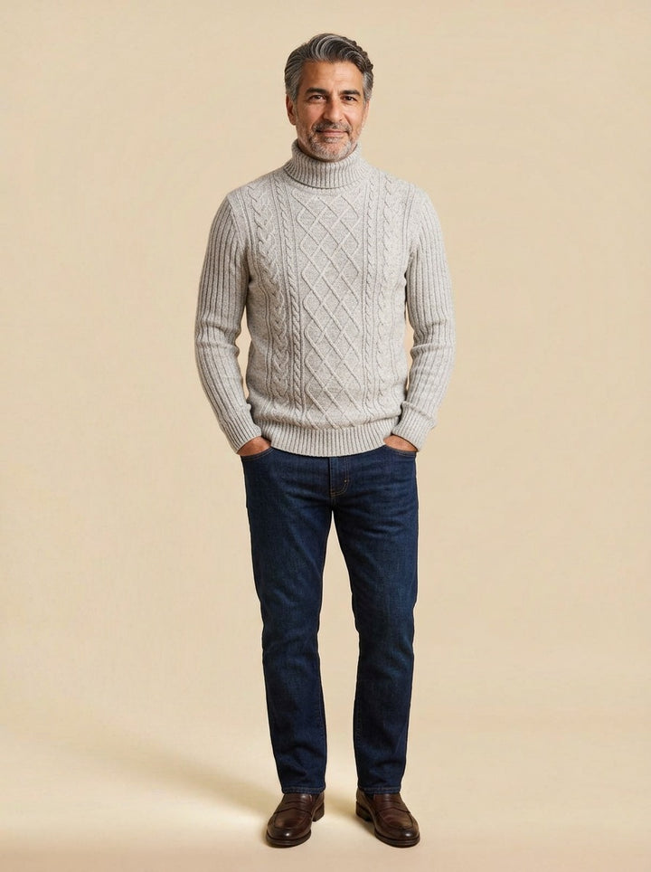 Wexley diamond cable turtleneck sweater in Light Grey, studio, Gentlemens Manor