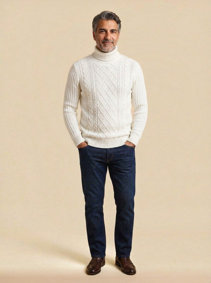 Wexley diamond cable turtleneck sweater in White, studio, Gentlemens Manor
