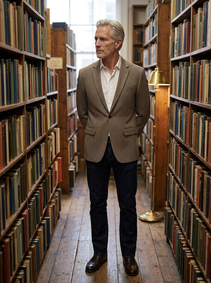 Wheeler houndstooth blazer in Brown, lifestyle in a secondhand bookshop, Gentlemens Manor