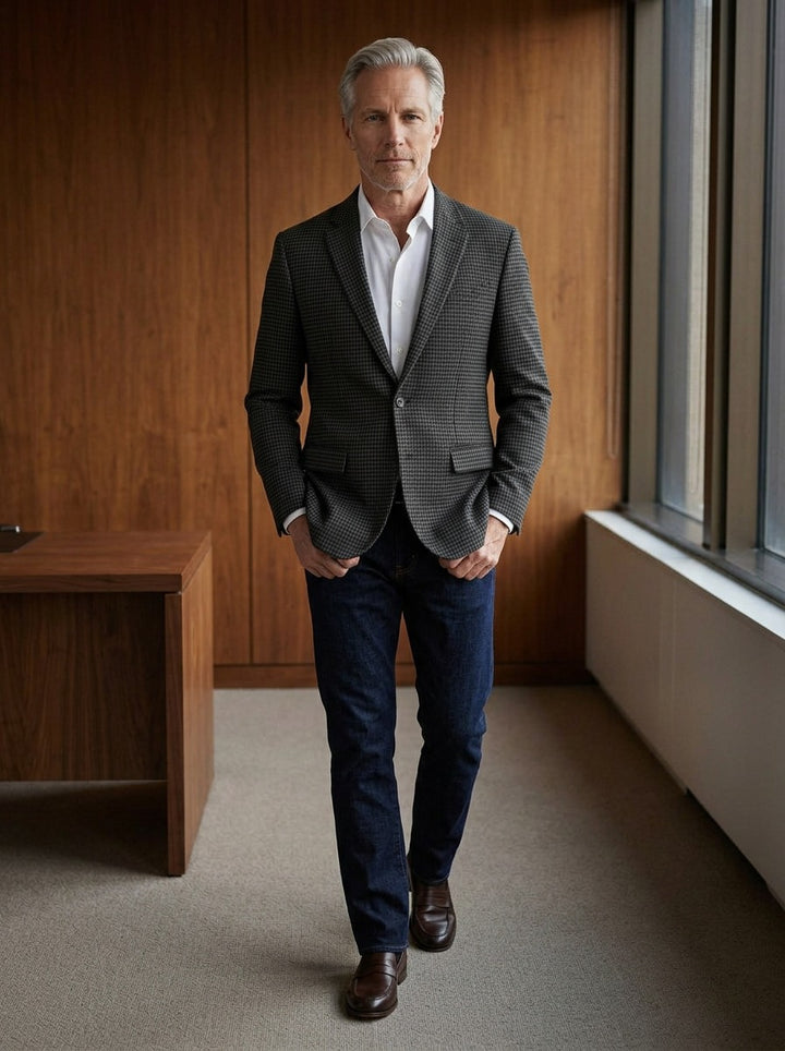 Wheeler houndstooth blazer in Charcoal, lifestyle in a timber paneled office, Gentlemens Manor