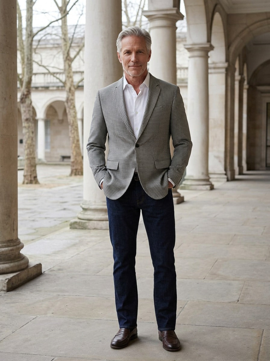 Wheeler houndstooth blazer in Light Grey, lifestyle in a stone colonnade, Gentlemens Manor