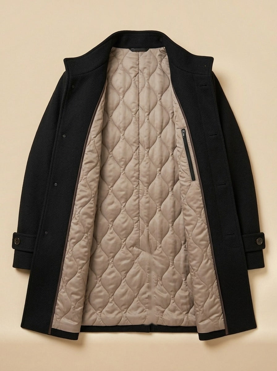 Whitcomb overcoat in Black, inside view, Gentlemens Manor