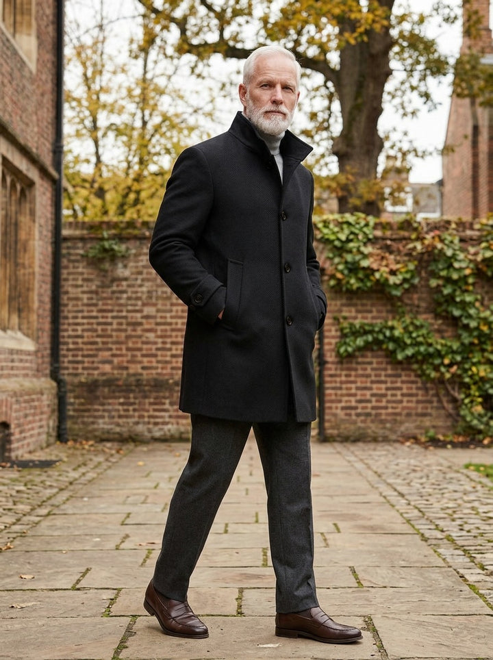 Whitcomb overcoat in Black, lifestyle in a brick college courtyard, Gentlemens Manor