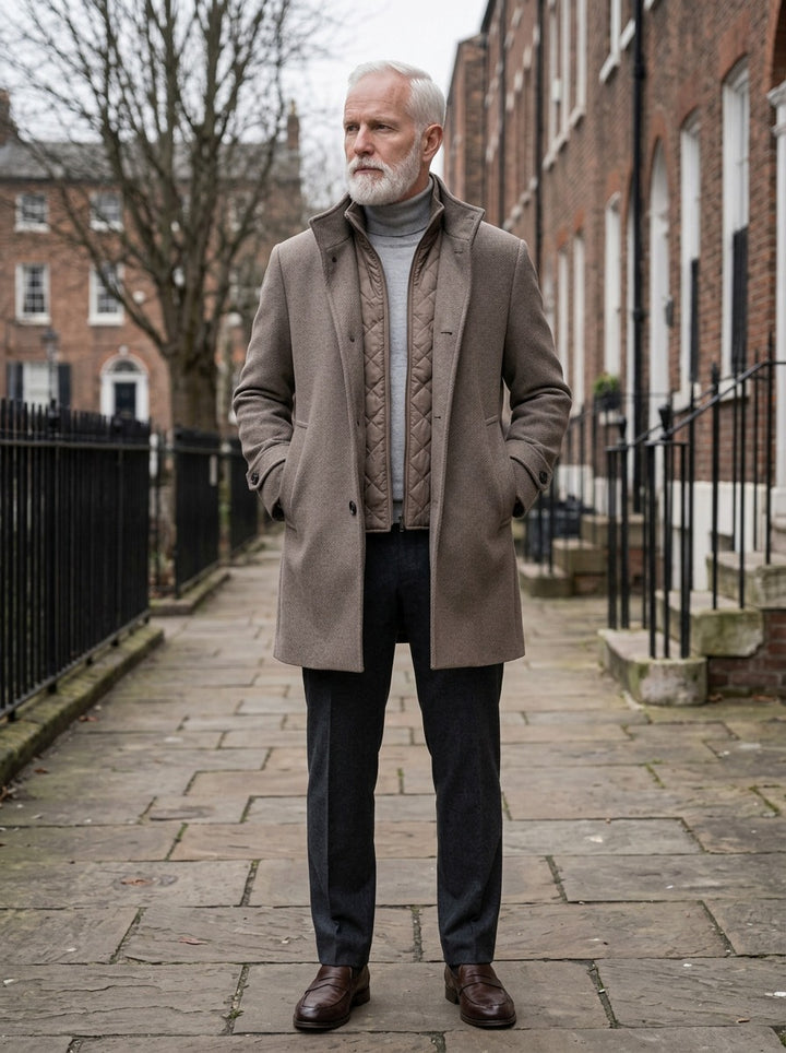 Whitcomb overcoat in Brown, lifestyle on a street of brick row houses, Gentlemens Manor