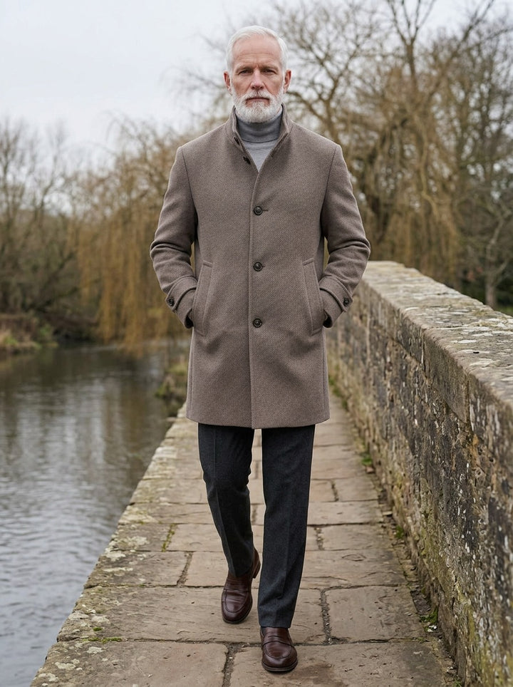 Whitcomb overcoat in Brown, lifestyle on a stone footbridge, Gentlemens Manor