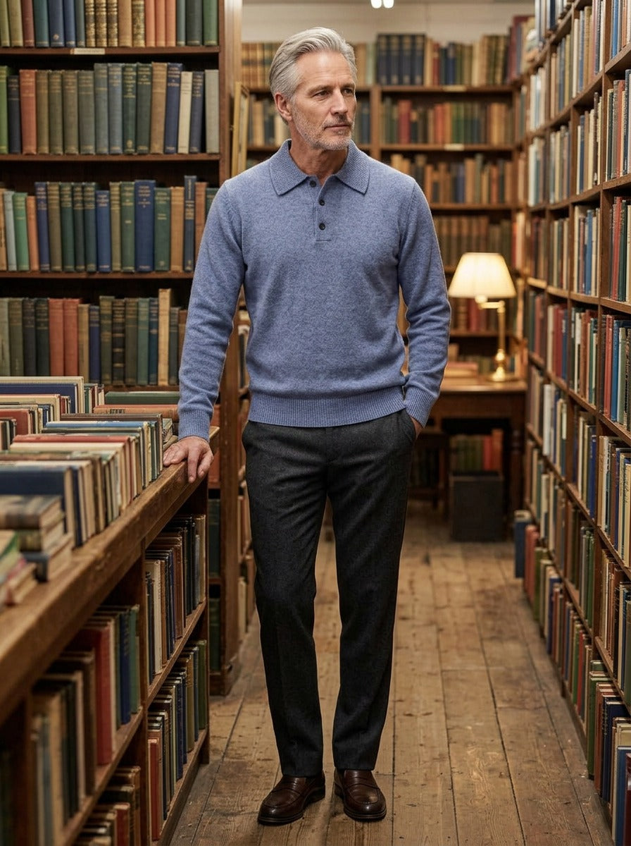 Whitford sweater in Blue, lifestyle in a secondhand bookshop, Gentlemens Manor