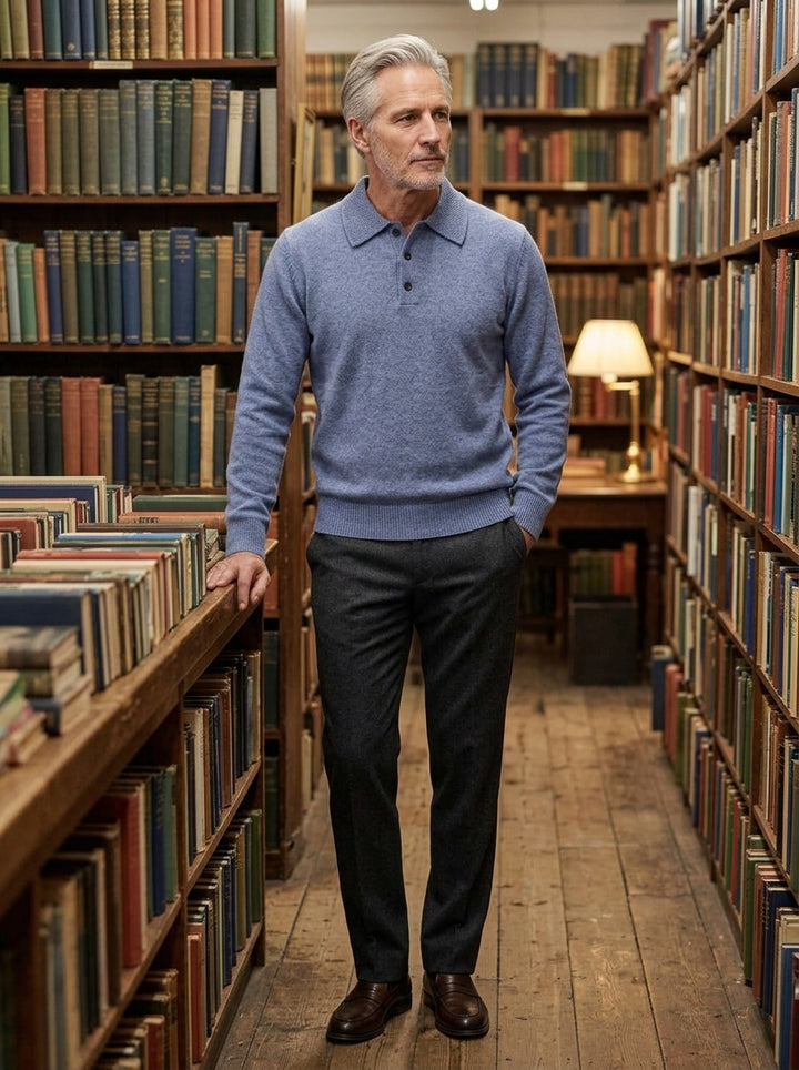 Whitford sweater in Blue, lifestyle in a secondhand bookshop, Gentlemens Manor