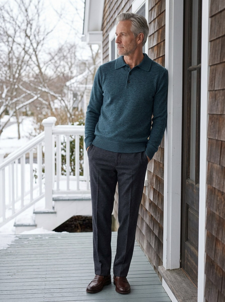 Whitford sweater in Green, lifestyle on a covered porch, Gentlemens Manor