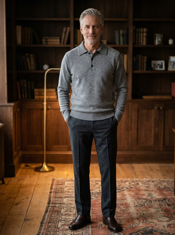 Whitford sweater in Grey, lifestyle in a private study, Gentlemens Manor